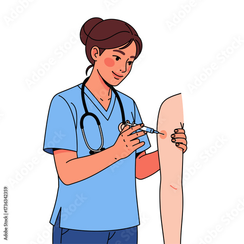 A female healthcare worker wearing a stethoscope administers an injection into a patient's arm.