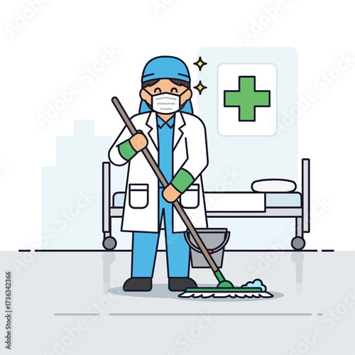 A cartoon doctor in a mask and scrubs diligently mops a hospital room floor, symbolizing healthcare sanitation.