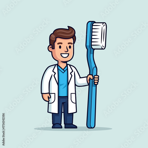 A smiling cartoon dentist in a white lab coat holds a giant blue toothbrush, promoting dental hygiene and oral care.