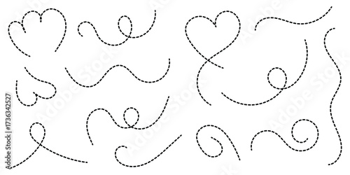 Hand drawn curve dotted line vector set. Path travel dotted line trip dashed trace destination track plan and silhouette, travelling symbol . Transport dot paths lines traces tourism design. 