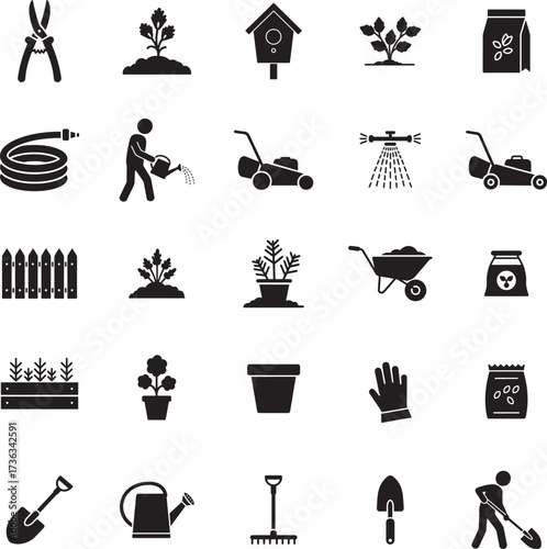 Gardening and Yard Work Icons Silhouette Set