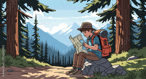 Man hiking in mountain forest reading map adventure travel backpacking nature outdoors scenic landscape journey trip