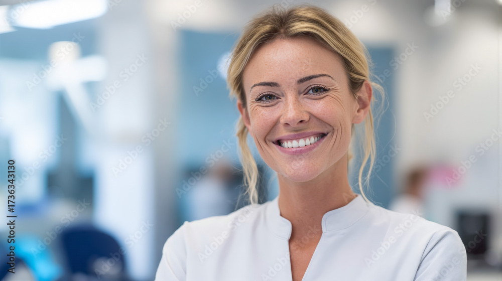 Fototapeta premium Dentist smiling confidently in a modern dental clinic during a patient appointment in the afternoon