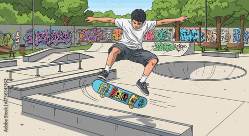 Illustration of skateboarder doing trick in skatepark with graffiti and ramps for extreme sports fun