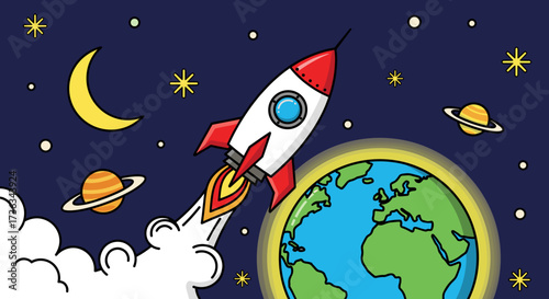 Cartoon rocket ship launch illustration for space exploration and science education themed designs and graphics