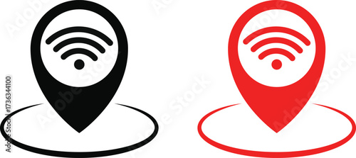  wifi icon with pointer icon set. Geolocation mark on the map. Map marker sign. Map pointer symbol
