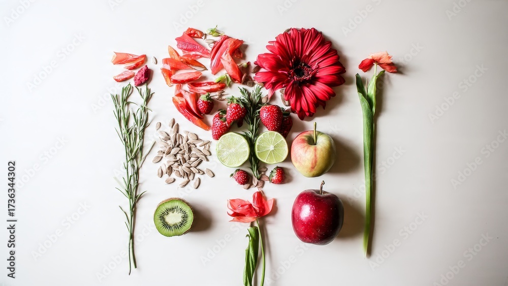 Obraz premium Colorful Fruit and Flower Flat Lay Arrangement on Light Background for Creative Projects