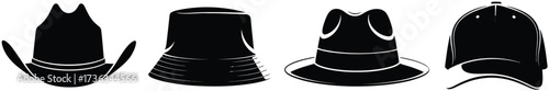Classic cowboy hat, bucket hat, fedora and baseball cap  icons set vector illustration