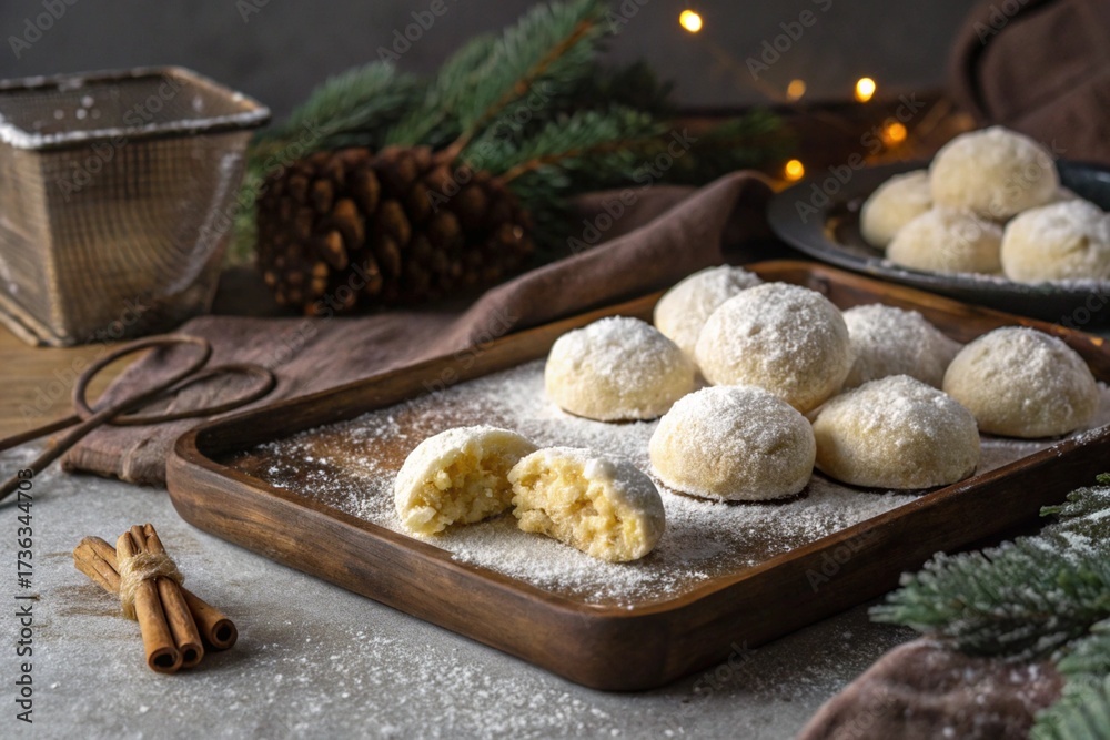 Fototapeta premium High-Resolution Dessert Shot of Round Snowball Cookies with Bite Taken and Imperfect Editorial Food Photoshoot Style