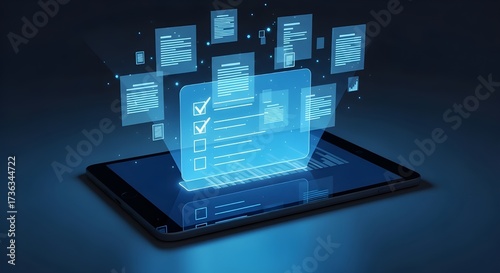 Digital checklist displayed on a tablet screen, representing online forms and task management in a futuristic interface.