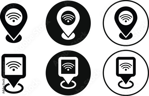  wifi icon with pointer icon set. Geolocation mark on the map. Map marker sign. Map pointer symbol