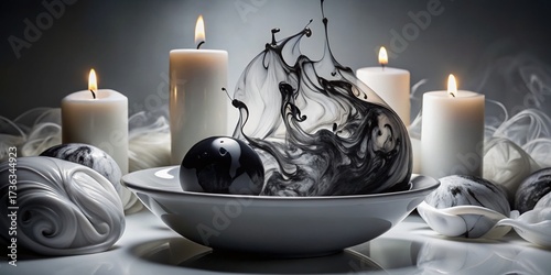Monochromatic Ink Sphere in Water, Minimalist Night Photography