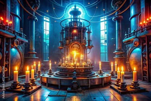 Sci-Fi Energy Core Altar: Cinematic Wide Shot with Copy Space