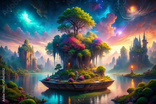 Surreal Dreamscape: Floating Island with Ethereal Light, Mystical Forest, Fantasy Landscape