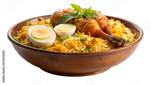 Aromatic chicken biryani isolated on transparent background, a flavorful rice dish with tender chicken, boiled egg, and fragrant spices, a culinary masterpiece
