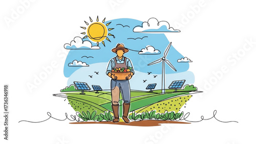 Colorful One Line Drawing of Farmer and vegetables with Solar Energy and Wind Power in Agricultural Landscape – Minimalist Sustainable Line Art