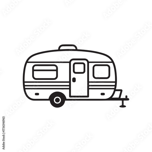 Monochrome Illustration of a Vintage Travel Trailer Simple Camping Icon for Adventure and Road Trip Enthusiasts