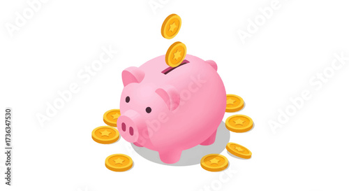 Isometric pink piggy bank with shiny gold coins falling into the money slot.