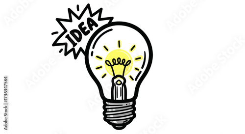 Hand-drawn light bulb with IDEA bursting from it symbolizing innovation and creativity.