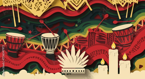 Artistic illustration of a cultural holiday with African drums, candles, and festive paper-cut decorations