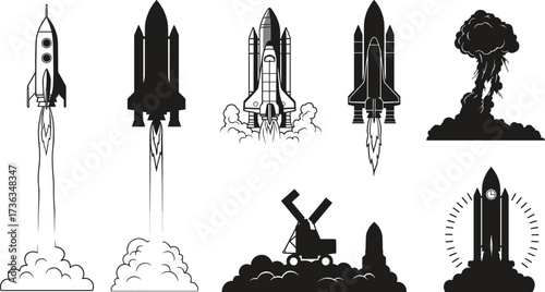 Black and white vector illustration set of rockets, space shuttles, missile launchers, explosions, and space exploration launch concepts collection