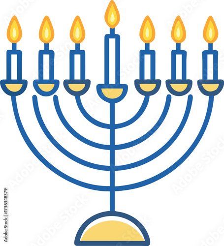 Hanukkah menorah with seven candles lit, blue and yellow holiday theme