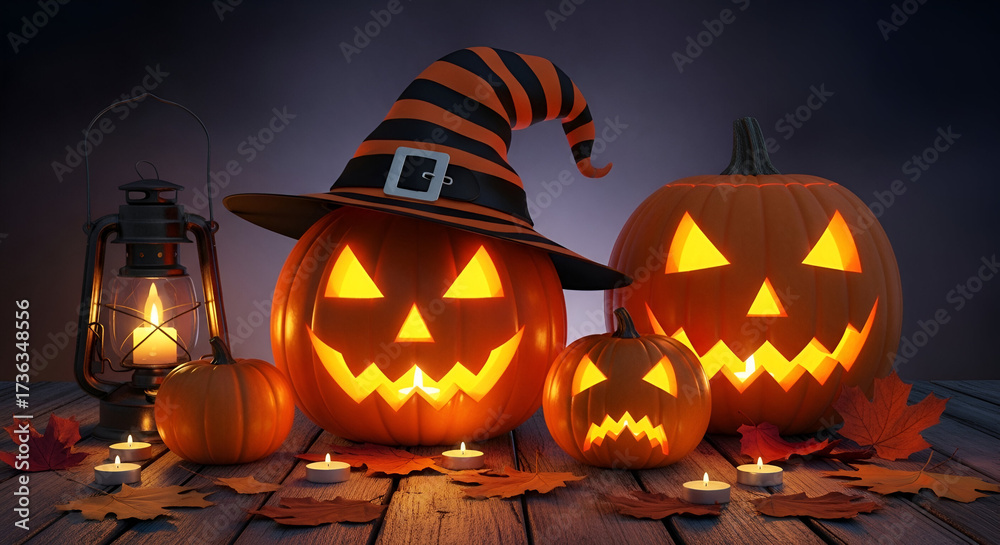 Fototapeta premium Halloween Pumpkins and Lantern with Candles on Wooden Surface