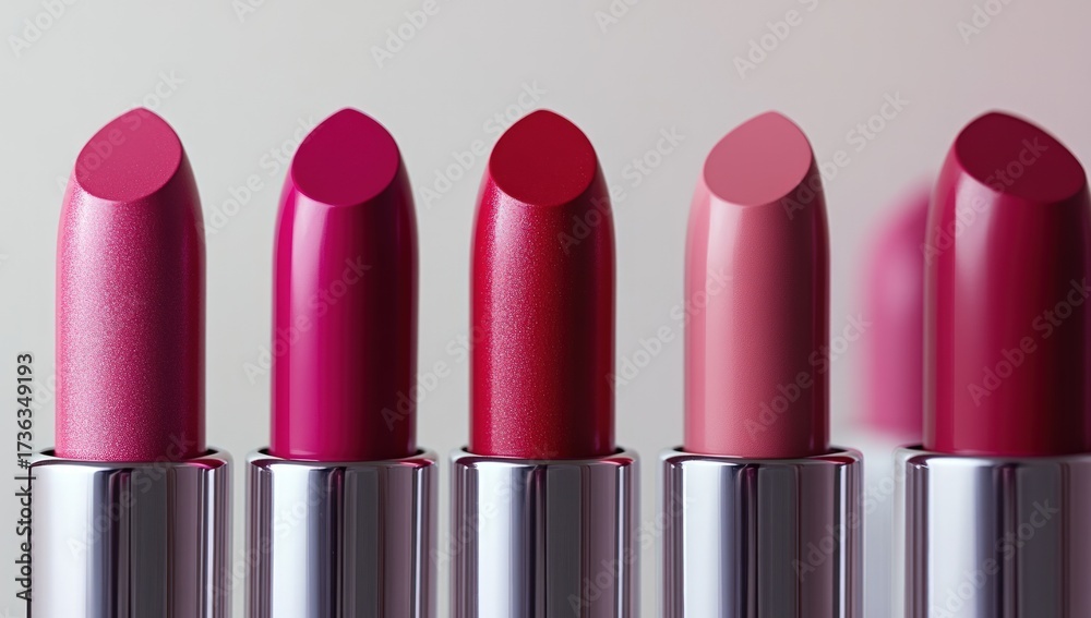 Obraz premium Close-up of five lipsticks in varying shades of pink and red, arranged in a row