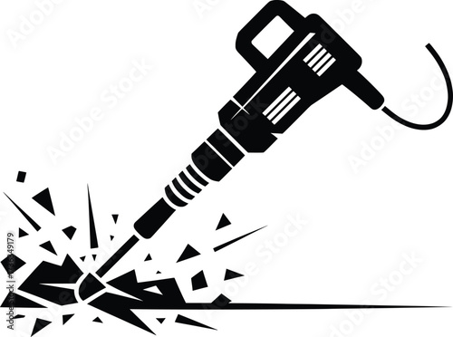 Jackhammer Breaking Concrete Silhouette, Powerful Construction Tool Illustration.