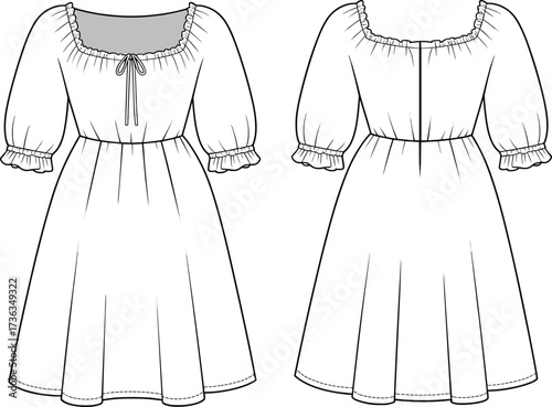 Dress flat sketch, fashion cad drawing, puff sleeve dress vector, women’s clothing template, garment flat design, sewing pattern, apparel illustration, fashion design