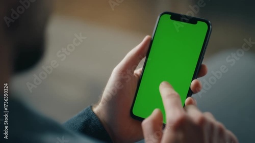 Ultra Realistic Close-Up of a Man’s Hand Scrolling on Smartphone with Green Scree