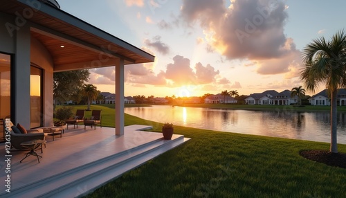 Fototapeta Naklejka Na Ścianę i Meble -  Sunset view from home patio over lake. Exterior shot shows modern architecture residence at twilight. Elegant residential community landscape with palm trees.