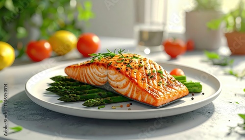 Deliciously cooked salmon fillet sits atop vibrant green asparagus on a white plate, garnished with fresh herbs and peppercorns, accompanied by fresh tomatoes and lemons, evoking a healthy and...