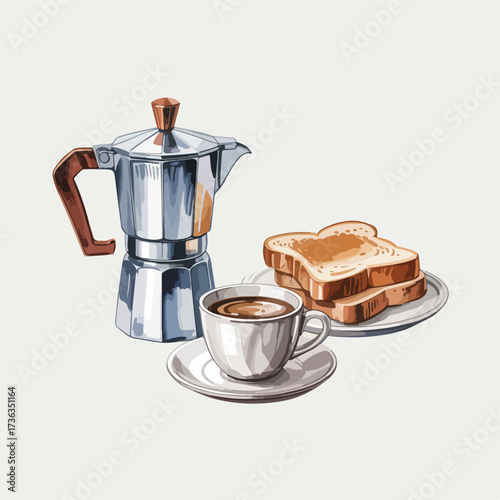 Black metal espresso maker machine with brown coffee drink in a cup for a hot morning breakfast beverage