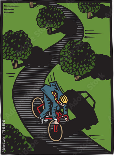 Woodcut illustration of a businessman cycling to work instead of driving on a winding road with trees. Highlights eco-friendly commuting, healthy lifestyle, fitness, and sustainable transportation.