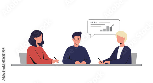 Hand-drawn vector illustration of a team of four young professionals engaged in collaborative work on laptops at a communal table