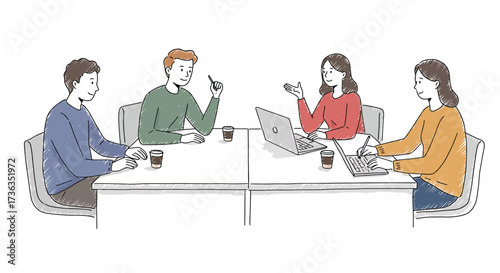 An engaging illustration capturing a diverse group of professionals actively collaborating and exchanging ideas during a productive meeting session, highlighting teamwork and discussion