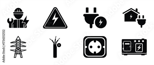 Set of Electricity and Power Icons in Black Style – Energy, Electrician, High Voltage, Plug, Socket, Generator, and Transmission