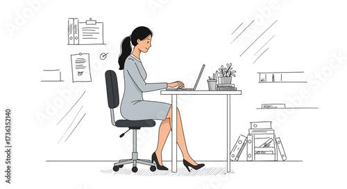 Working Woman Focused at Desk with Computer in Office, Office-Setting