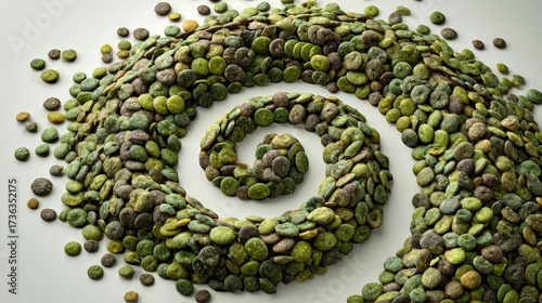 Lentils arranged in a beautiful Celtic spiral design on a plain background