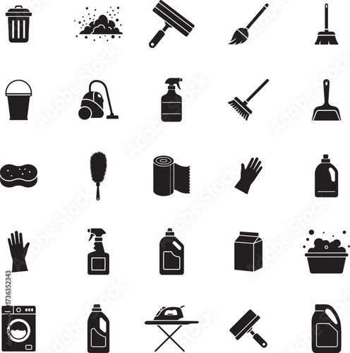 House Cleaning and Laundry Icons Silhouette Set