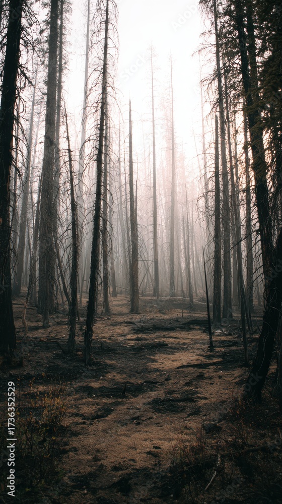 Fototapeta premium Stunning photo of sunlight streams through tall trees in a dense forest with a misty atmosphere.