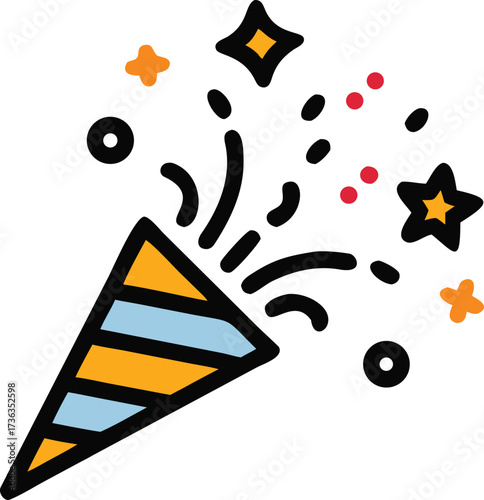 A festive party popper illustration with colorful confetti and star shapes