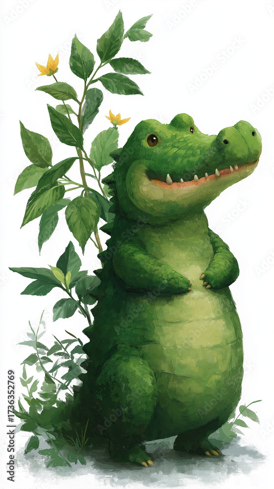Obraz premium Whimsical Crocodile's Green Dream: A charming cartoon crocodile smiles gently, nestled amidst lush foliage and delicate flowers, a vibrant illustration of serenity and springtime joy.