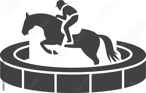 Equestrian rider and horse jumping in arena silhouette icon