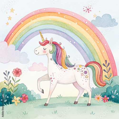 Watercolor Unicorn with Rainbow, flowers, floral , fairytale