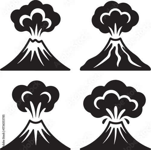 Four black volcano eruption icons smoke mountain
