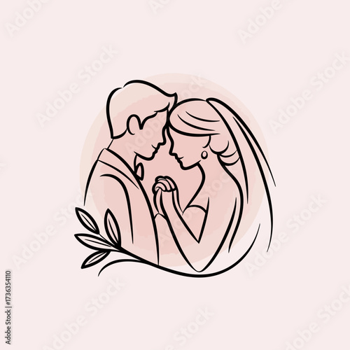 Minimal linear illustration icon of bride and groom holding hands. Delicate wedding details such as a veil and suit outline. Light, whimsical, feminine line style with elegant curves.