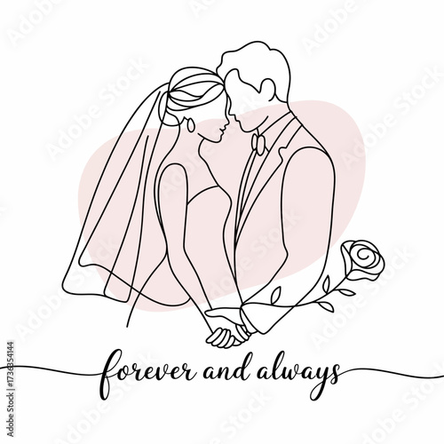 Minimal linear illustration icon of bride and groom holding hands. Delicate wedding details such as a veil and suit outline. Light, whimsical, feminine line style with elegant curves.