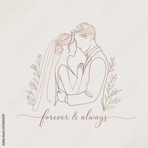 Minimal linear illustration of bride and groom holding hands. Delicate wedding details such as a veil and suit outline. Light, whimsical, feminine line style with elegant curves.